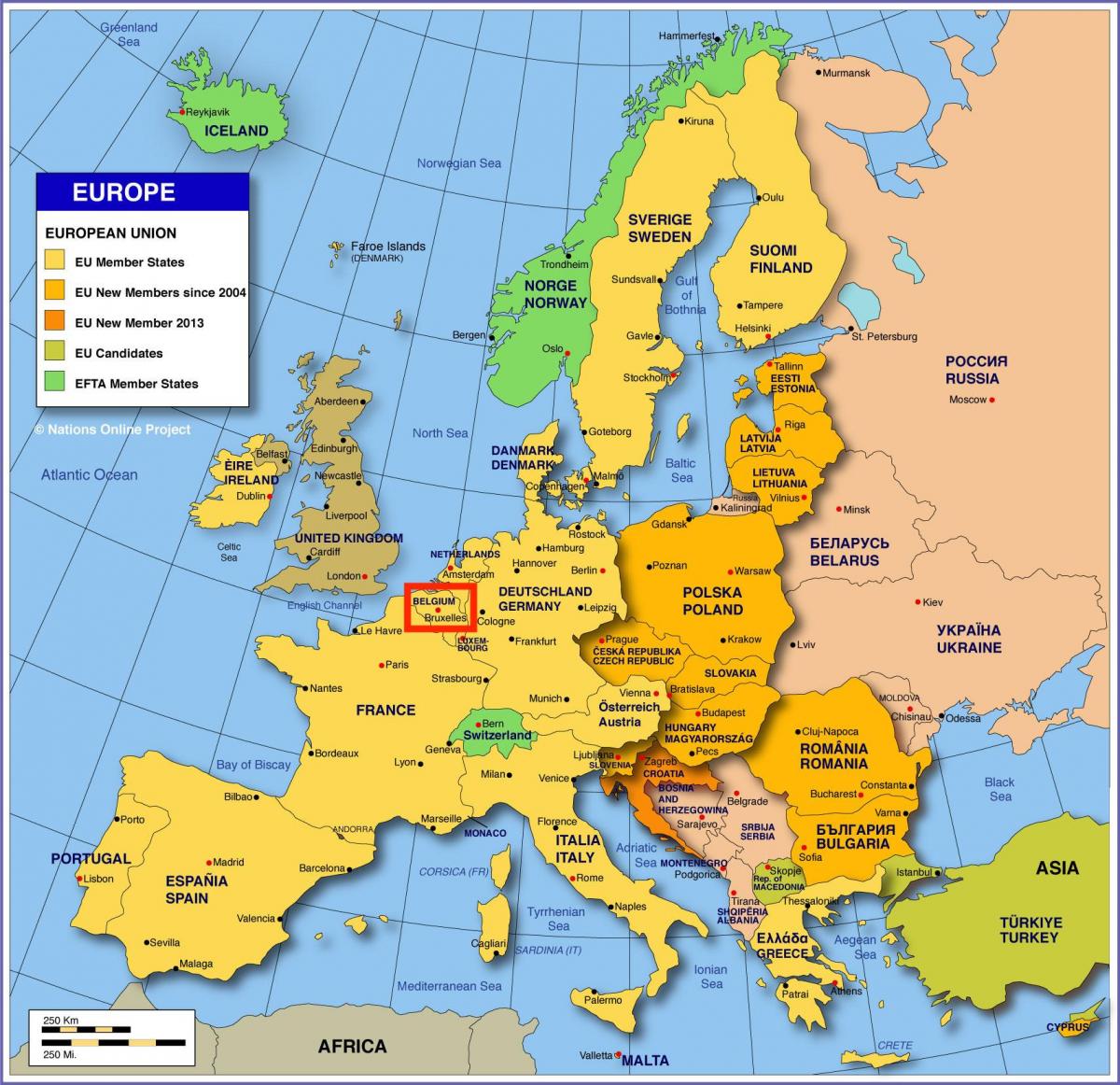 欧洲地图显示布鲁塞尔